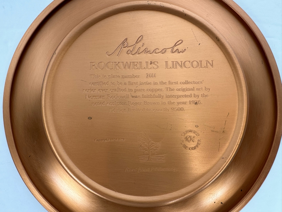 Pure Relief Copper Sculpture Norman Rockwell Plate Of Abraham Lincoln Sculpted By Roger Brown First Issue In The First Collectors' Series Limited Edition 1976 River Shore Productions 8W [Photo 8]
