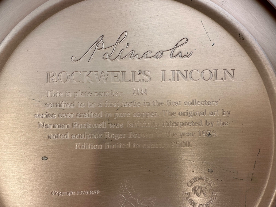 Pure Relief Copper Sculpture Norman Rockwell Plate Of Abraham Lincoln Sculpted By Roger Brown First Issue In The First Collectors' Series Limited Edition 1976 River Shore Productions 8W [Photo 9]