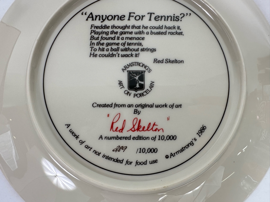 Signed Red Skelton Limited Edition Collector's Plate Titled 'Anyone For Tennis?' Signed By Red Skelton On Front Of Plate [Photo 8]