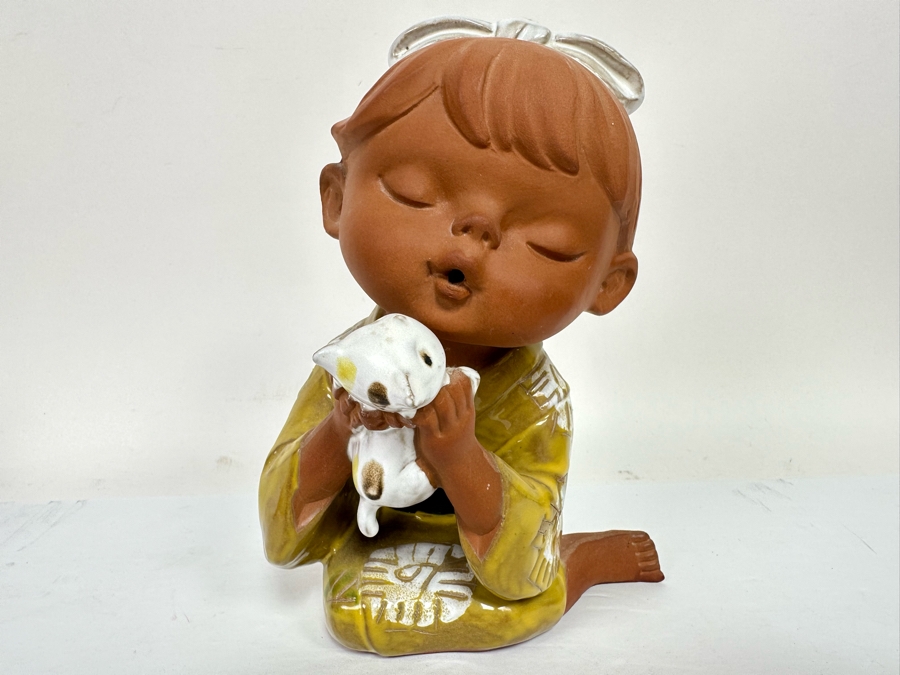 Vintage 1970s UCTCI Japan Studio Pottery Girl With Kitten 6W X 5D X 9H [Photo 2]