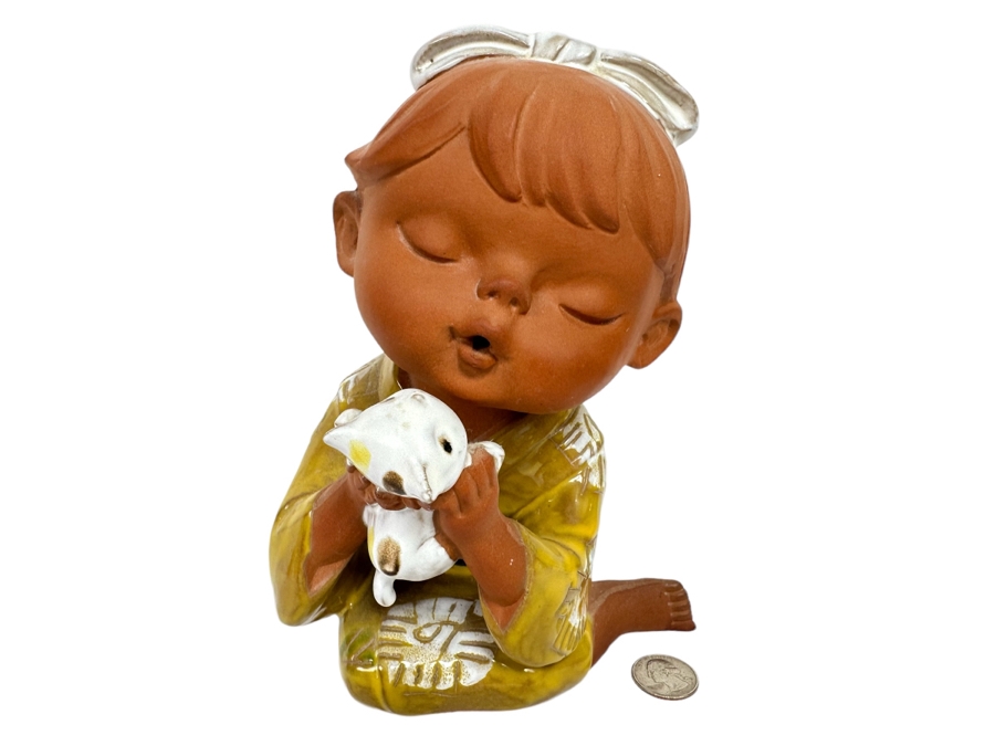 Vintage 1970s UCTCI Japan Studio Pottery Girl With Kitten 6W X 5D X 9H [Photo 1]