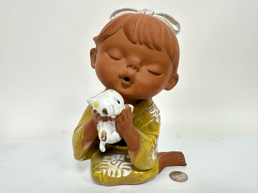 Vintage 1970s UCTCI Japan Studio Pottery Girl With Kitten 6W X 5D X 9H [Photo 3]