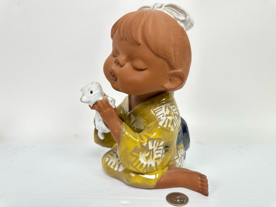 Vintage 1970s UCTCI Japan Studio Pottery Girl With Kitten 6W X 5D X 9H [Photo 5]