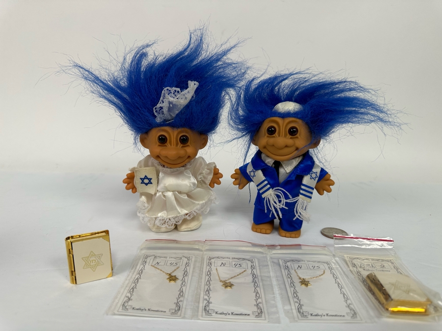 Israelite Troll Dolls With Three New Star Of David Doll Necklaces By Kathy's Kreations And Pair Of Kathy's Kreations Jewish Book Cases [Photo 6]