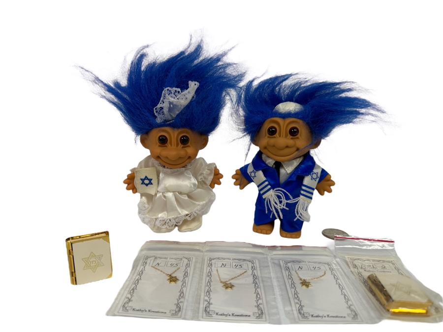 Israelite Troll Dolls With Three New Star Of David Doll Necklaces By Kathy's Kreations And Pair Of Kathy's Kreations Jewish Book Cases [Photo 1]