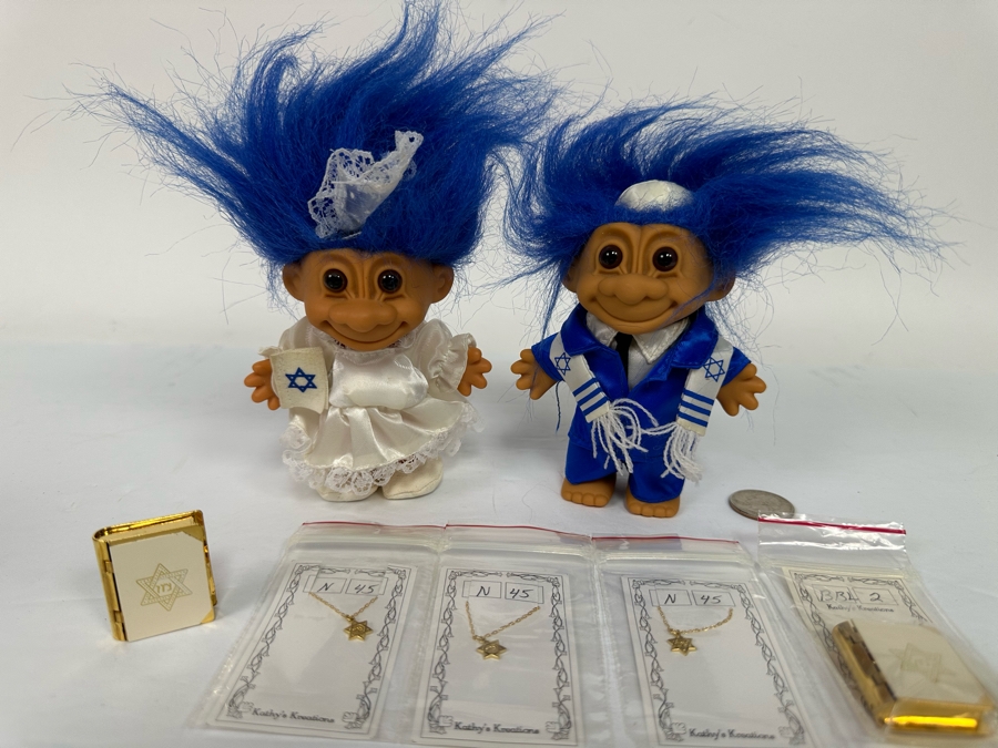 Israelite Troll Dolls With Three New Star Of David Doll Necklaces By Kathy's Kreations And Pair Of Kathy's Kreations Jewish Book Cases [Photo 5]
