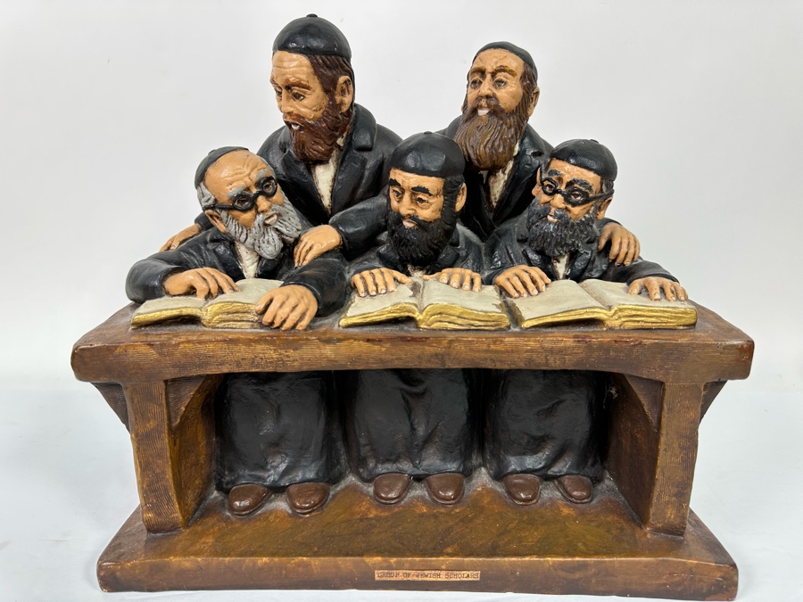 Vintage 1972 Group Of Jewish Scholars Chalkware Sculpture By World Handicrafts (Slight Repaired Chip On Corner See Photos) 12.5W X 9D X 12H [Photo 2]