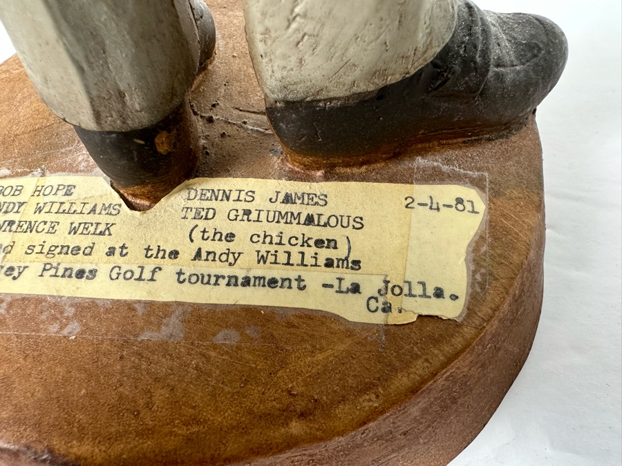 Signed 1979 Bob Hope Esco Products Inc Large Head Cartoon Chalkware Statue Signed By Bob Hope On Front & Andy Williams, Lawrence Welk, Dennis James & Ted Giannoulas (San Diego Chicken) On Back - Signed In 1981 At Torrey Pines Golf Tournament 17.5H [Photo 22]