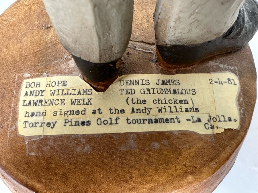 Signed 1979 Bob Hope Esco Products Inc Large Head Cartoon Chalkware Statue Signed By Bob Hope On Front & Andy Williams, Lawrence Welk, Dennis James & Ted Giannoulas (San Diego Chicken) On Back - Signed In 1981 At Torrey Pines Golf Tournament 17.5H [Photo 21]