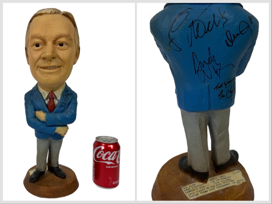Signed 1979 Bob Hope Esco Products Inc Large Head Cartoon Chalkware Statue Signed By Bob Hope On Front & Andy Williams, Lawrence Welk, Dennis James & Ted Giannoulas (San Diego Chicken) On Back - Signed In 1981 At Torrey Pines Golf Tournament 17.5H