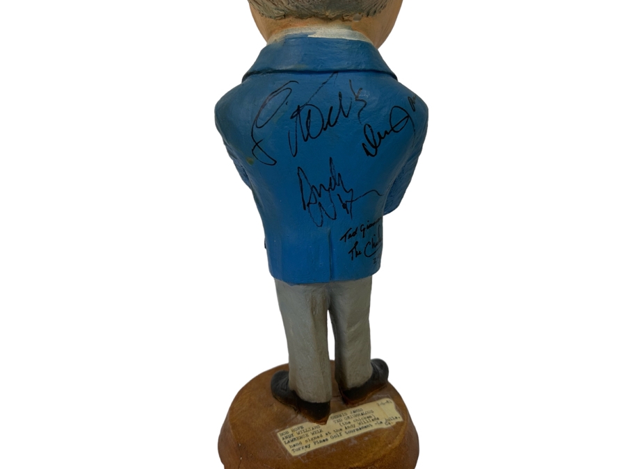 Signed 1979 Bob Hope Esco Products Inc Large Head Cartoon Chalkware Statue Signed By Bob Hope On Front & Andy Williams, Lawrence Welk, Dennis James & Ted Giannoulas (San Diego Chicken) On Back - Signed In 1981 At Torrey Pines Golf Tournament 17.5H [Photo 3]