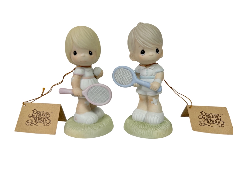 Pair Of Hand Signed Precious Moments His And Her Tennis Player Figurines Titled 'Serving The Lord' 1985 Hand Signed By Samuel J. Butcher By Enesco 5.5H [Photo 2]