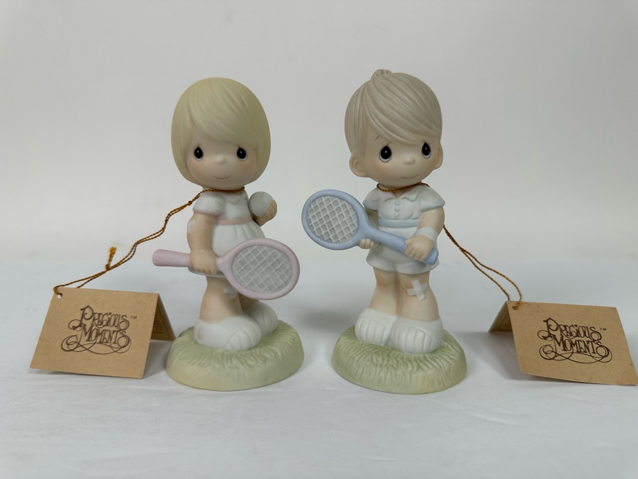 Pair Of Hand Signed Precious Moments His And Her Tennis Player Figurines Titled 'Serving The Lord' 1985 Hand Signed By Samuel J. Butcher By Enesco 5.5H [Photo 5]