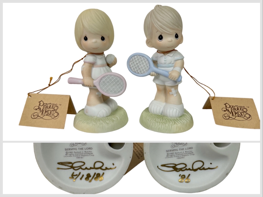 Pair Of Hand Signed Precious Moments His And Her Tennis Player Figurines Titled 'Serving The Lord' 1985 Hand Signed By Samuel J. Butcher By Enesco 5.5H