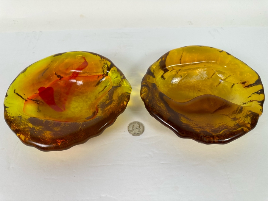 Pair Of Vintage Mid-Century Blenko Free Form Orange Glass Ashtrays Trinket Dishes Bowls Designed By Winslow Anderson 7.5W [Photo 4]