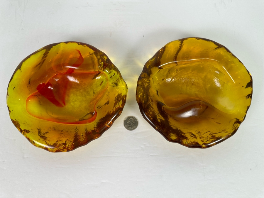 Pair Of Vintage Mid-Century Blenko Free Form Orange Glass Ashtrays Trinket Dishes Bowls Designed By Winslow Anderson 7.5W [Photo 3]