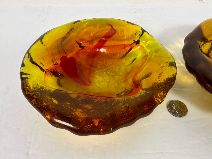 Pair Of Vintage Mid-Century Blenko Free Form Orange Glass Ashtrays Trinket Dishes Bowls Designed By Winslow Anderson 7.5W [Photo 5]