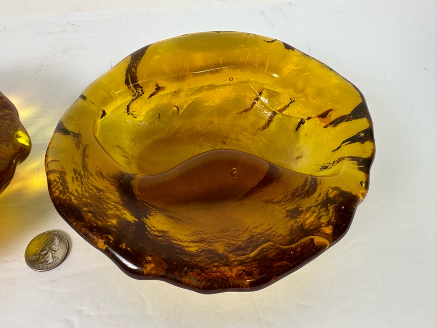 Pair Of Vintage Mid-century Blenko Free Form Orange Glass Ashtrays 