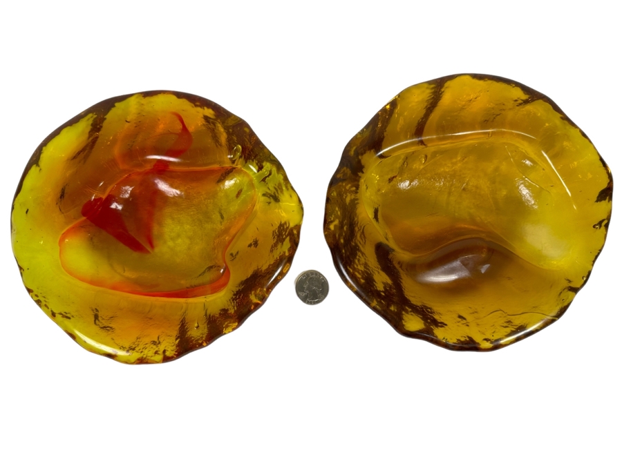 Pair Of Vintage Mid-Century Blenko Free Form Orange Glass Ashtrays Trinket Dishes Bowls Designed By Winslow Anderson 7.5W [Photo 1]