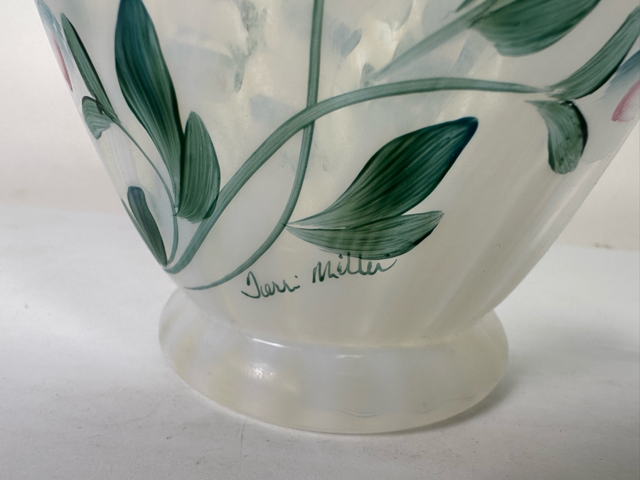 Signed Fenton Glass 90th Anniversary Pitcher Handpainted Poppy Spiral Optic With Celeste Blue Ring And Handle From The Museum Collection Signed Underneath Signed By Bill Fenton 8.5H [Photo 11]