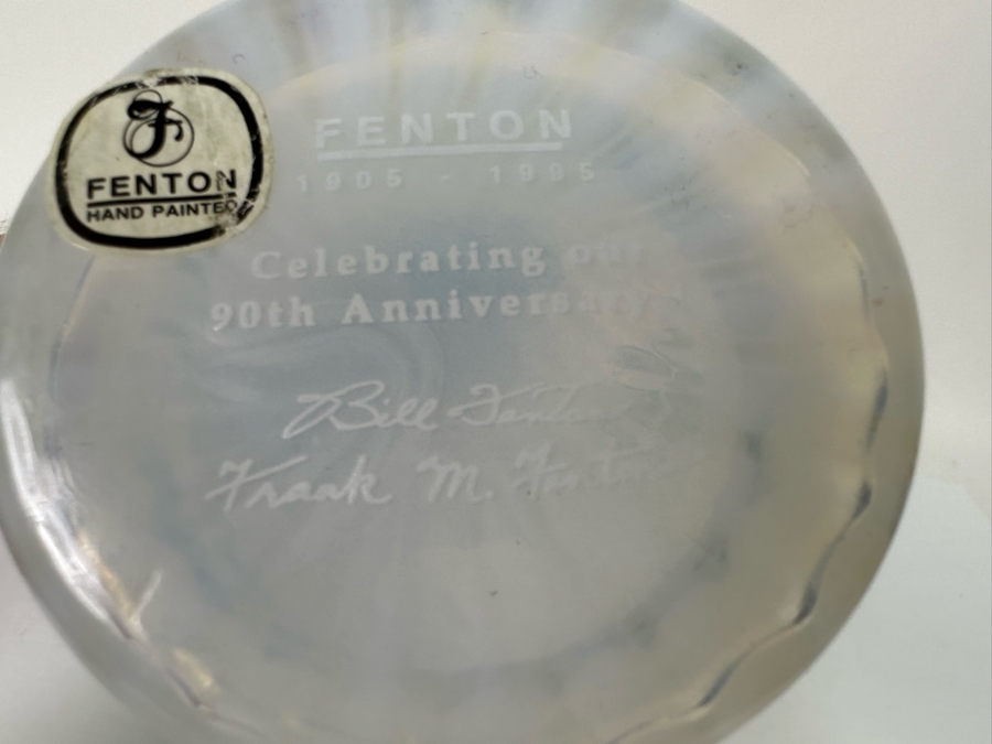 Signed Fenton Glass 90th Anniversary Pitcher Handpainted Poppy Spiral Optic With Celeste Blue Ring And Handle From The Museum Collection Signed Underneath Signed By Bill Fenton 8.5H [Photo 2]