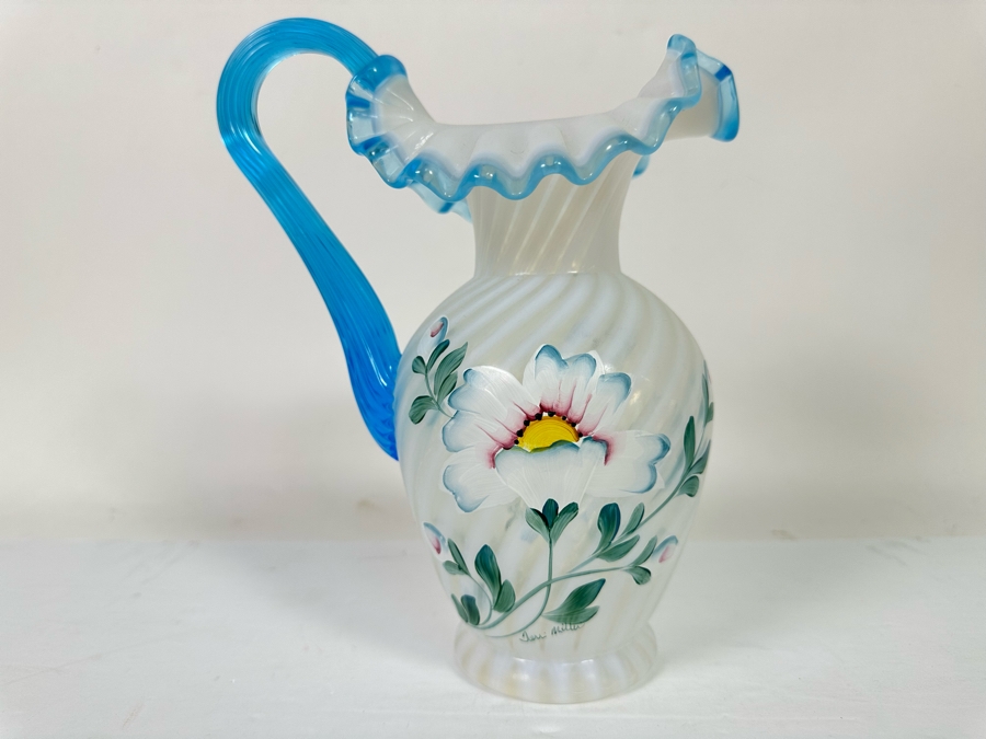 Signed Fenton Glass 90th Anniversary Pitcher Handpainted Poppy Spiral Optic With Celeste Blue Ring And Handle From The Museum Collection Signed Underneath Signed By Bill Fenton 8.5H [Photo 9]