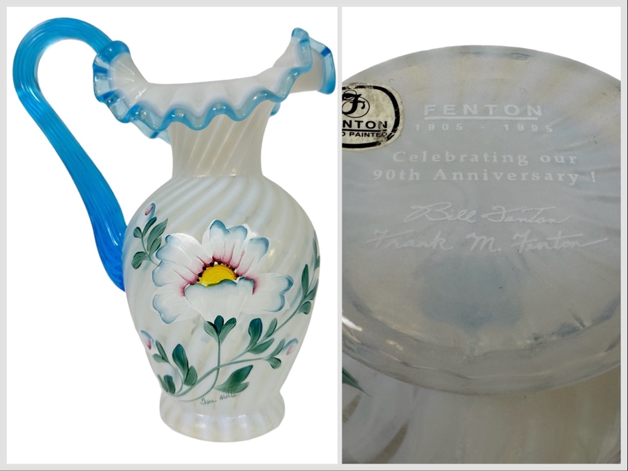 Signed Fenton Glass 90th Anniversary Pitcher Handpainted Poppy Spiral Optic With Celeste Blue Ring And Handle From The Museum Collection Signed Underneath Signed By Bill Fenton 8.5H