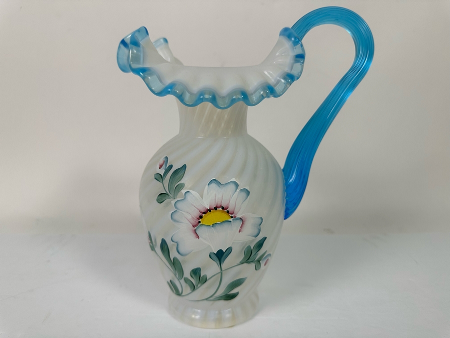 Signed Fenton Glass 90th Anniversary Pitcher Handpainted Poppy Spiral Optic With Celeste Blue Ring And Handle From The Museum Collection Signed Underneath Signed By Bill Fenton 8.5H [Photo 12]