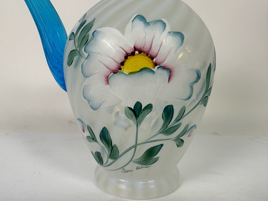 Signed Fenton Glass 90th Anniversary Pitcher Handpainted Poppy Spiral Optic With Celeste Blue Ring And Handle From The Museum Collection Signed Underneath Signed By Bill Fenton 8.5H [Photo 10]