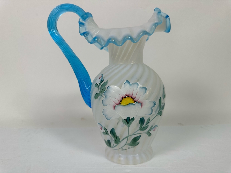 Signed Fenton Glass 90th Anniversary Pitcher Handpainted Poppy Spiral Optic With Celeste Blue Ring And Handle From The Museum Collection Signed Underneath Signed By Bill Fenton 8.5H [Photo 8]