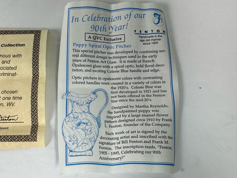 Signed Fenton Glass 90th Anniversary Pitcher Handpainted Poppy Spiral Optic With Celeste Blue Ring And Handle From The Museum Collection Signed Underneath Signed By Bill Fenton 8.5H [Photo 15]