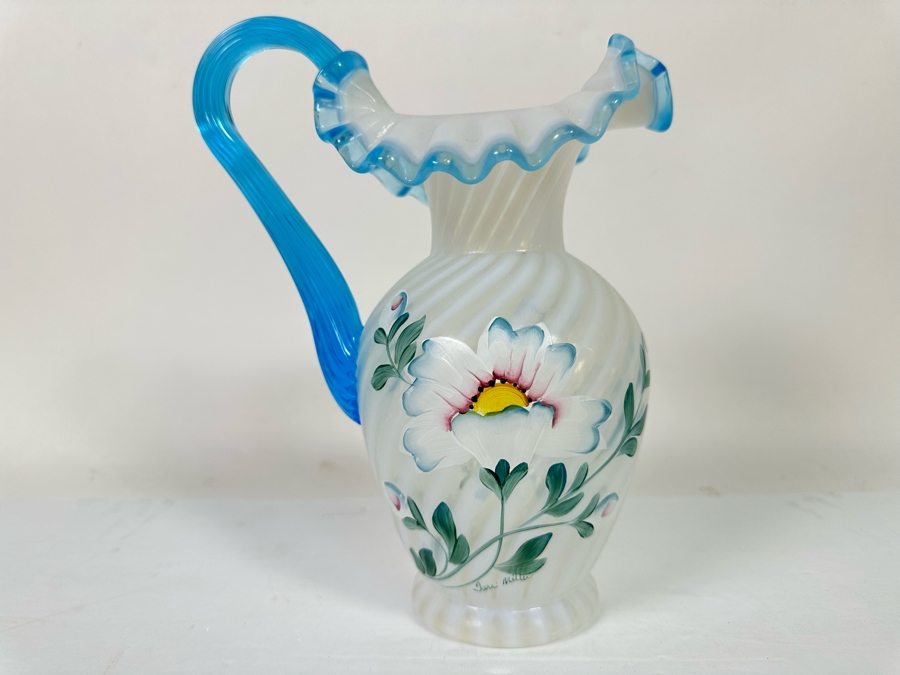 Signed Fenton Glass 90th Anniversary Pitcher Handpainted Poppy Spiral Optic With Celeste Blue Ring And Handle From The Museum Collection Signed Underneath Signed By Bill Fenton 8.5H [Photo 7]