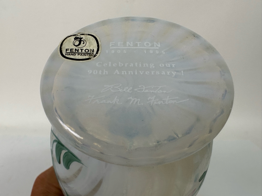 Signed Fenton Glass 90th Anniversary Pitcher Handpainted Poppy Spiral Optic With Celeste Blue Ring And Handle From The Museum Collection Signed Underneath Signed By Bill Fenton 8.5H [Photo 13]
