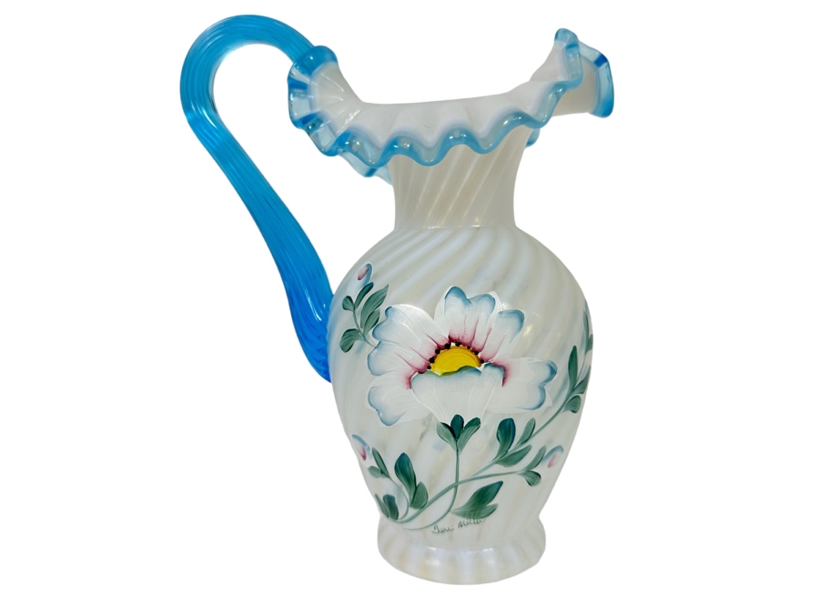 Signed Fenton Glass 90th Anniversary Pitcher Handpainted Poppy Spiral Optic With Celeste Blue Ring And Handle From The Museum Collection Signed Underneath Signed By Bill Fenton 8.5H [Photo 5]