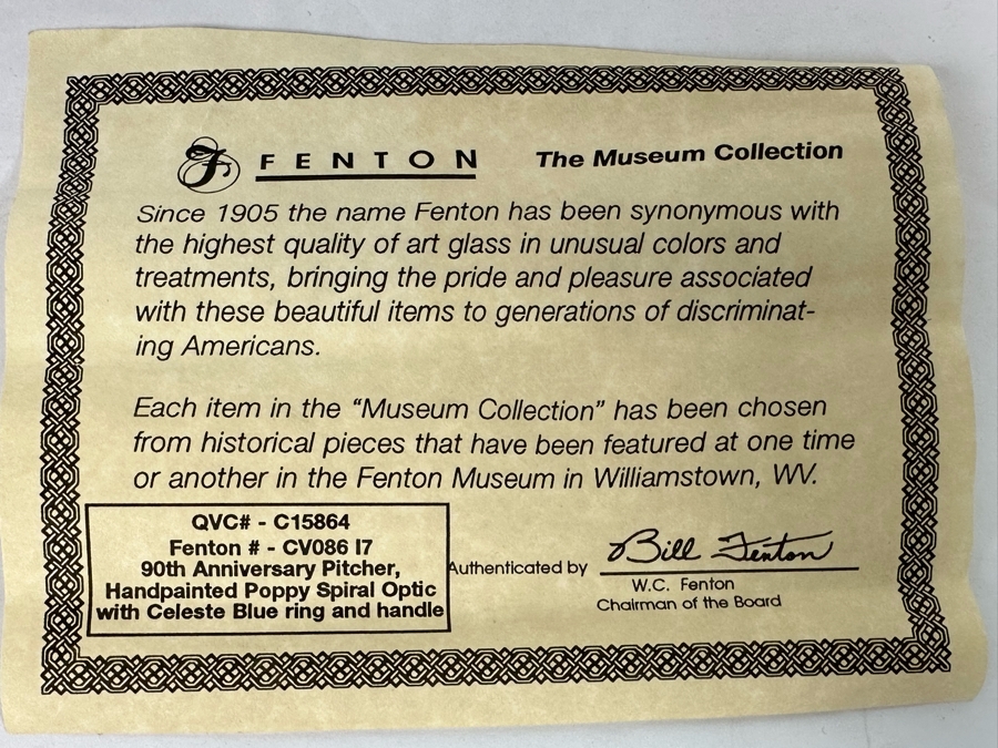 Signed Fenton Glass 90th Anniversary Pitcher Handpainted Poppy Spiral Optic With Celeste Blue Ring And Handle From The Museum Collection Signed Underneath Signed By Bill Fenton 8.5H [Photo 3]