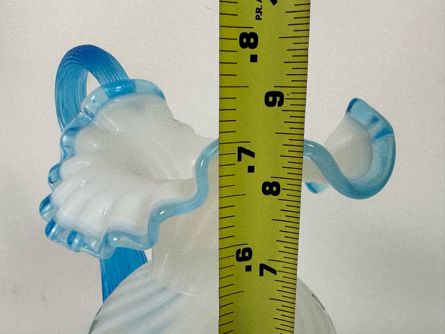 Signed Fenton Glass 90th Anniversary Pitcher Handpainted Poppy Spiral Optic With Celeste Blue Ring And Handle From The Museum Collection Signed Underneath Signed By Bill Fenton 8.5H [Photo 17]