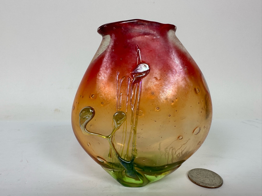 Beautiful Signed Art Glass Vase From Laguna Beach Artist Loren Chapin 4.5H [Photo 3]