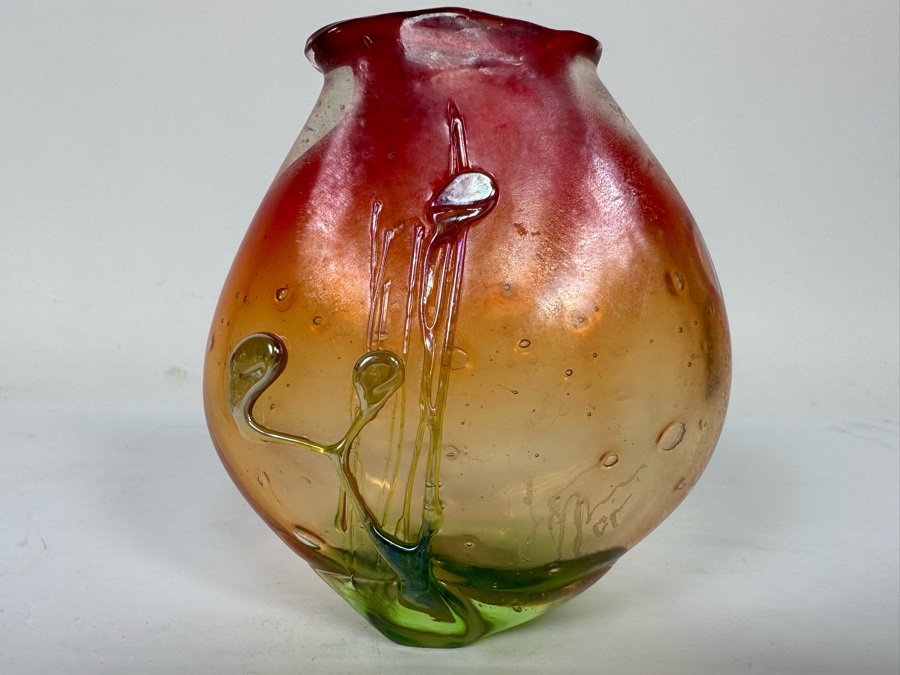 Beautiful Signed Art Glass Vase From Laguna Beach Artist Loren Chapin 4.5H [Photo 4]