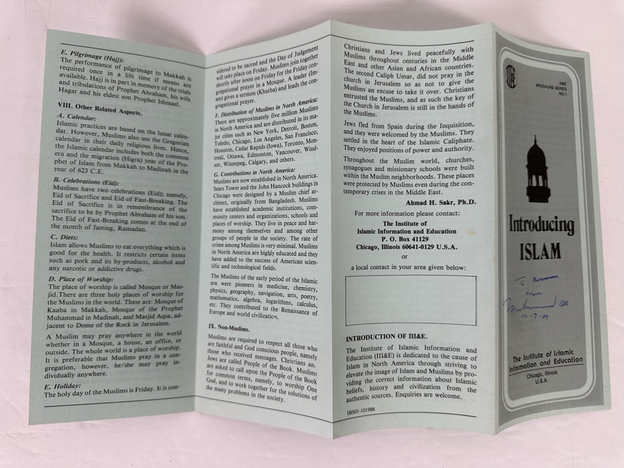 Autographed Muhammad Ali Introducing ISLAM Brochure Signed 'To Norman (Client) From Muhammad Ali 12-7-89' Personally Signed By Muhammad Ali To Norman Appel On Las Vegas Trip [Photo 10]