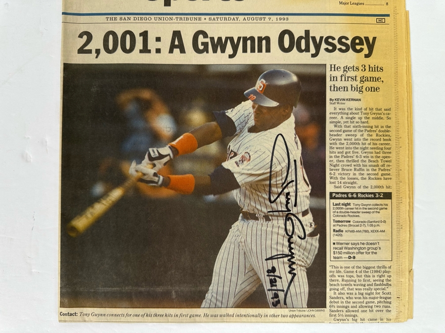 Autographed Tony Gwynn San Diego Union-Tribune August 7, 1993 Newspaper With Headline 2,001: A Gwynn Odyssey Signed By Tony Gwynn On 08/21/93 [Photo 3]