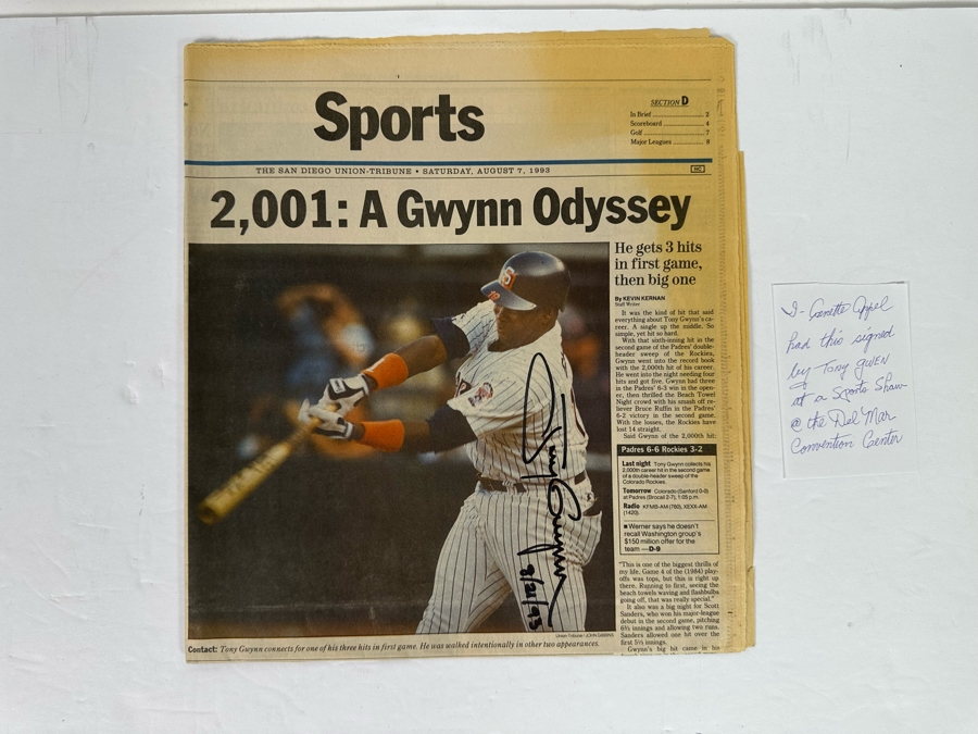 Autographed Tony Gwynn San Diego Union-Tribune August 7, 1993 Newspaper With Headline 2,001: A Gwynn Odyssey Signed By Tony Gwynn On 08/21/93 [Photo 2]