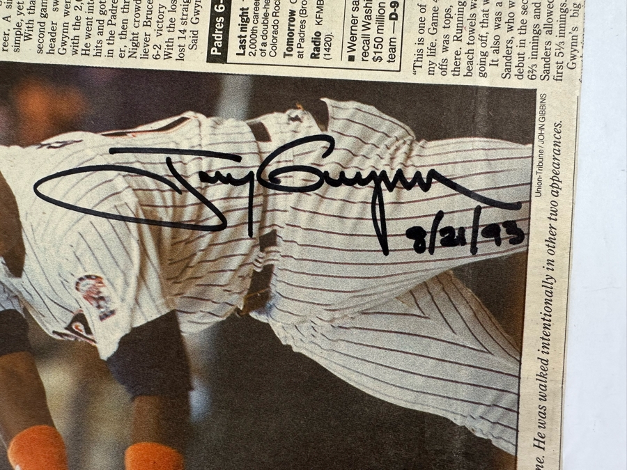 Autographed Tony Gwynn San Diego Union-Tribune August 7, 1993 Newspaper With Headline 2,001: A Gwynn Odyssey Signed By Tony Gwynn On 08/21/93 [Photo 4]
