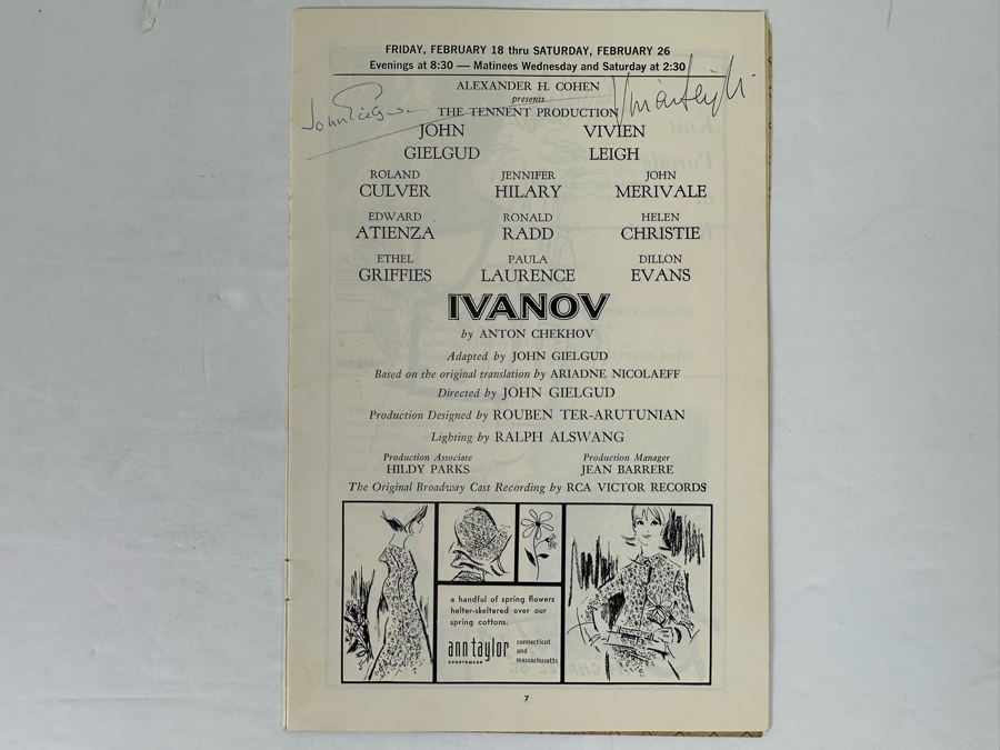 Vivien Leigh (Scarlett O'Hara In Gone With The Wind) Autographed Shubert Theatre Ivanov Theatre Program Signed By Vivien Leigh & Sir John Geilgud [Photo 3]