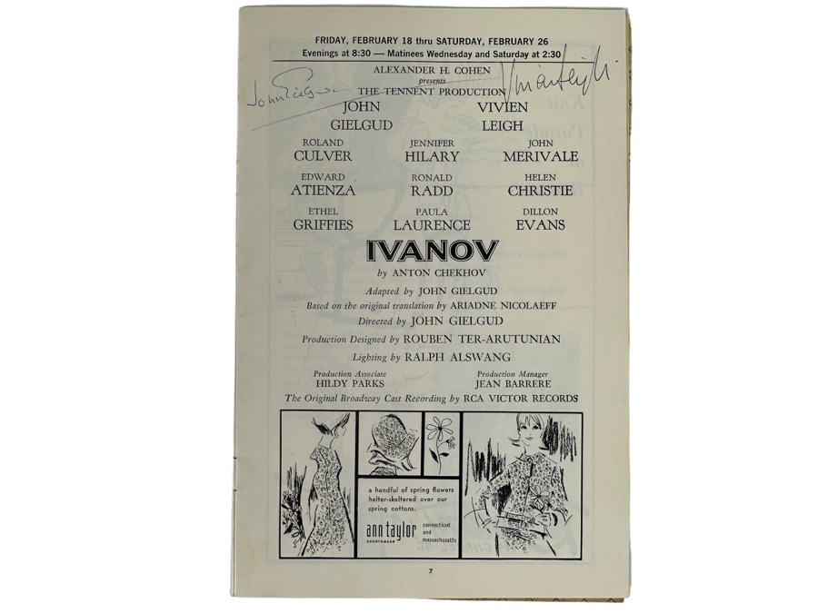 Vivien Leigh (Scarlett O'Hara In Gone With The Wind) Autographed Shubert Theatre Ivanov Theatre Program Signed By Vivien Leigh & Sir John Geilgud