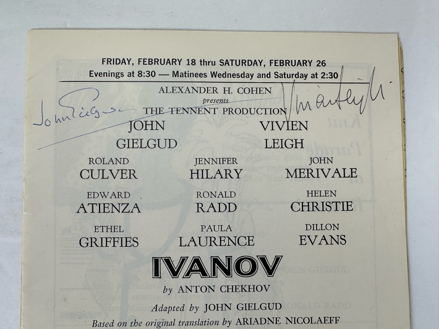 Vivien Leigh (Scarlett O'Hara In Gone With The Wind) Autographed Shubert Theatre Ivanov Theatre Program Signed By Vivien Leigh & Sir John Geilgud [Photo 4]
