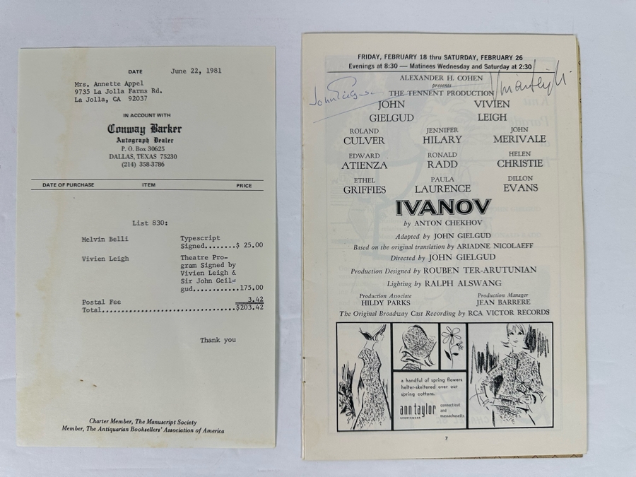 Vivien Leigh (Scarlett O'Hara In Gone With The Wind) Autographed Shubert Theatre Ivanov Theatre Program Signed By Vivien Leigh & Sir John Geilgud [Photo 2]