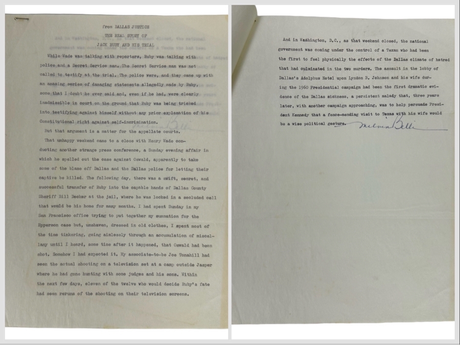 Signed Melvin Belli (Noted American Criminal Lawyer) Typescript Signed From His Book, Dallas Justice, The Real Story Of Jack Ruby And His Trial