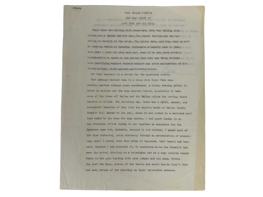 Signed Melvin Belli (Noted American Criminal Lawyer) Typescript Signed From His Book, Dallas Justice, The Real Story Of Jack Ruby And His Trial [Photo 2]