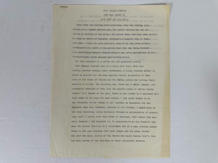 Signed Melvin Belli (Noted American Criminal Lawyer) Typescript Signed From His Book, Dallas Justice, The Real Story Of Jack Ruby And His Trial [Photo 4]