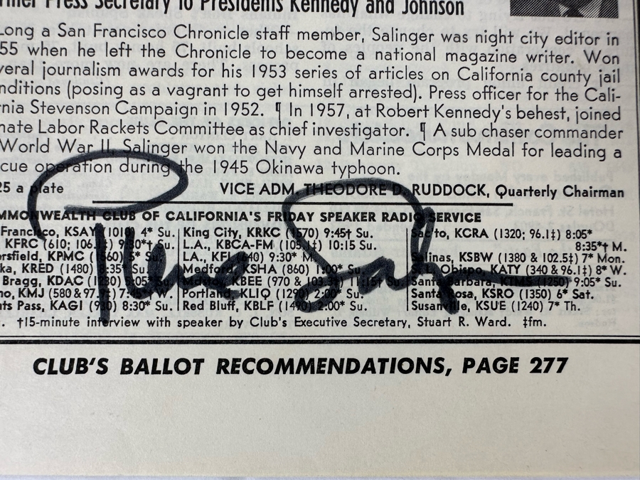 Autograph Of Pierre Salinger: Former United States Senator And Press Secretary For United States Presidents John F. Kennedy and Lyndon B. Johnson [Photo 3]